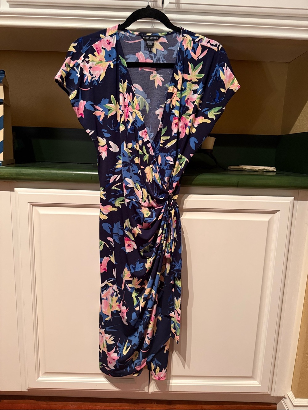 Maggy London Navy Floral Wrap Midi Dress with Side Knot